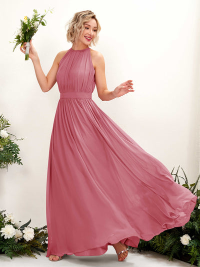 Carlyna Robe Trapèze Longueur ras du sol Col rond Mousseline Robes de demoiselle d'honneur Rose Du Désert #couleur_rose-du-d-sert