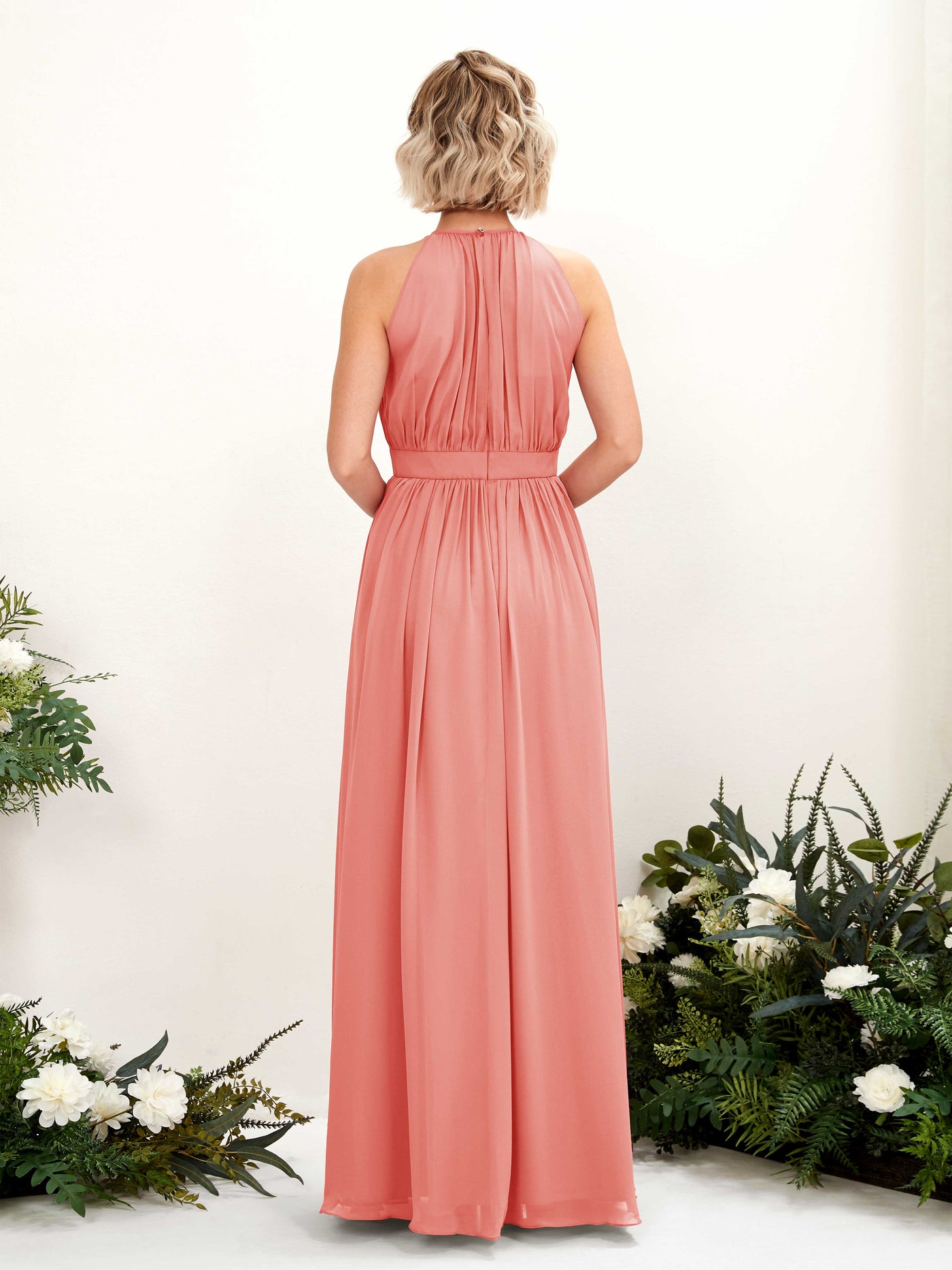 Carlyna Robe Trapèze Longueur ras du sol Col rond Mousseline Robes de demoiselle d'honneur Rose Pêche #couleur_rose-p-che