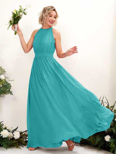 Carlyna Robe Trapèze Longueur ras du sol Col rond Mousseline Robes de demoiselle d'honneur Turquoise #couleur_turquoise