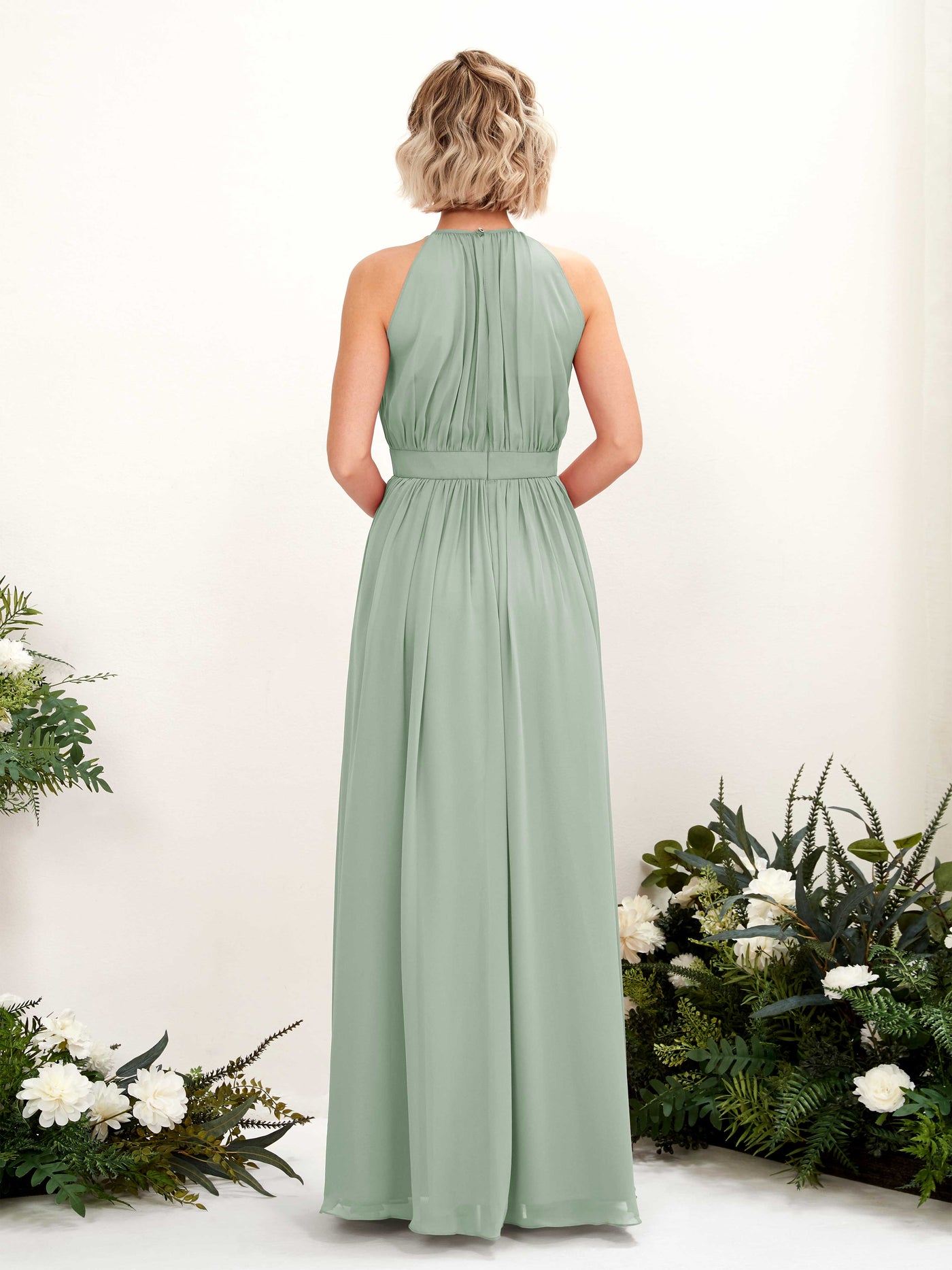 Carlyna Robe Trapèze Longueur ras du sol Col rond Mousseline Robes de demoiselle d'honneur Vert Sauge Foncé #couleur_vert-sauge-fonc