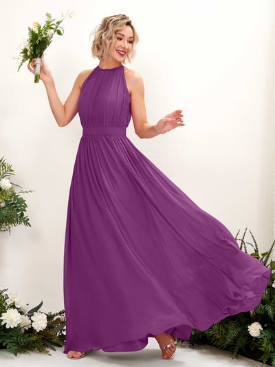 Carlyna Robe Trapèze Longueur ras du sol Col rond Mousseline Robes de demoiselle d'honneur Violet #couleur_violet