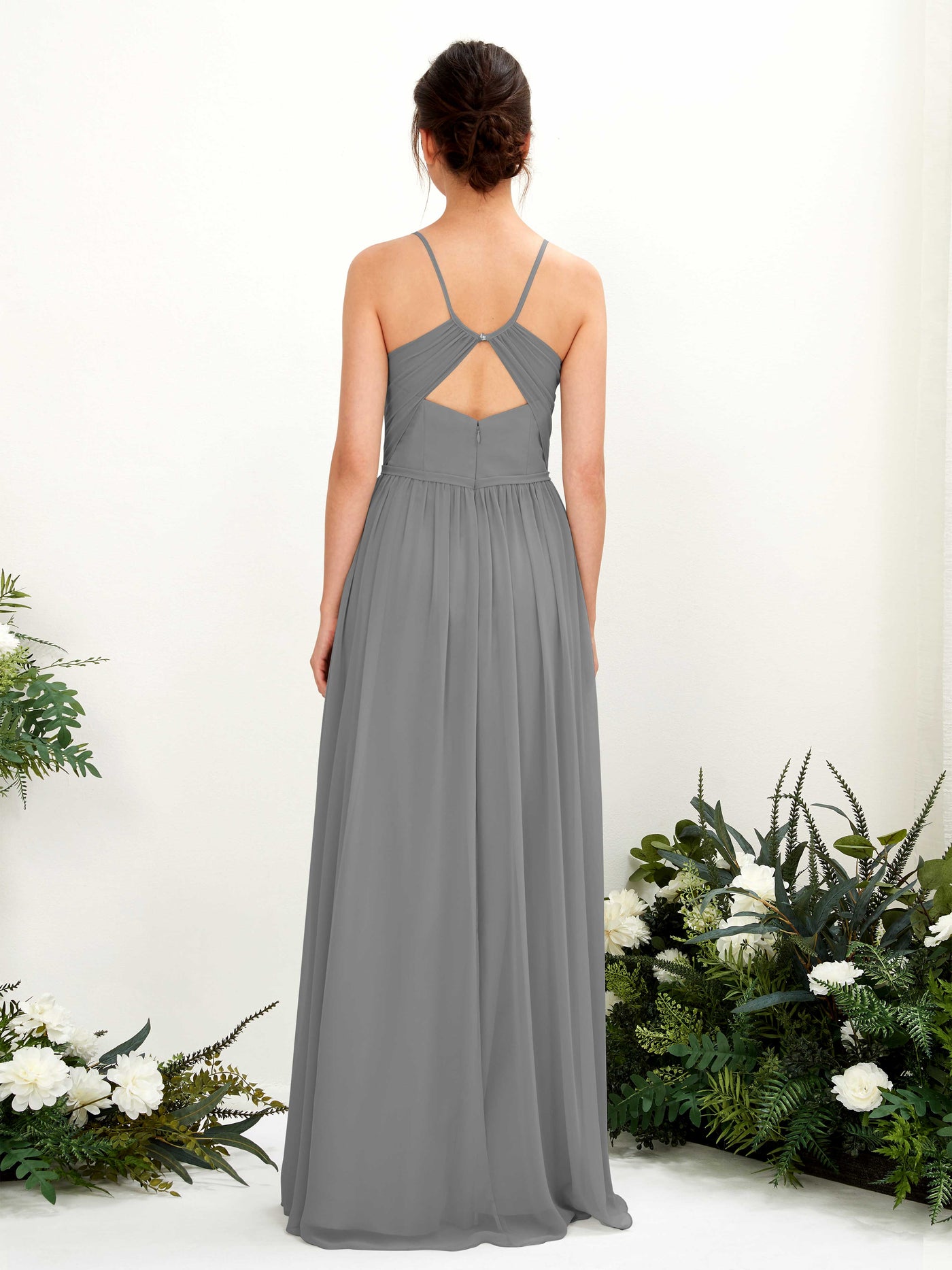 Carlyna Robe Trapèze Longueur ras du sol Col V Bretelles spaghetti Gris Acier #couleur_gris-acier