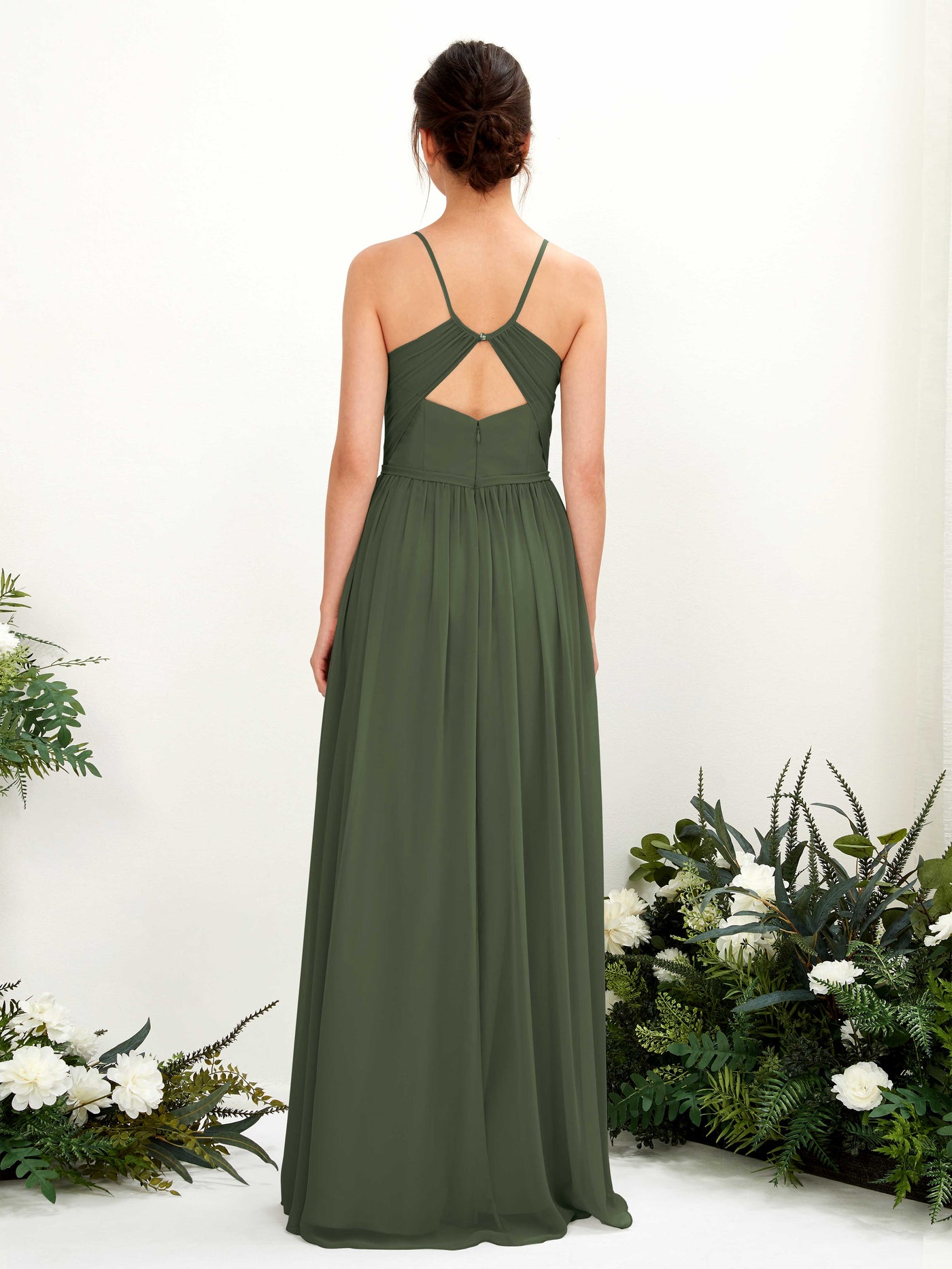 Carlyna Robe Trapèze Longueur ras du sol Col V Bretelles spaghetti Olive Martini #couleur_olive-martini