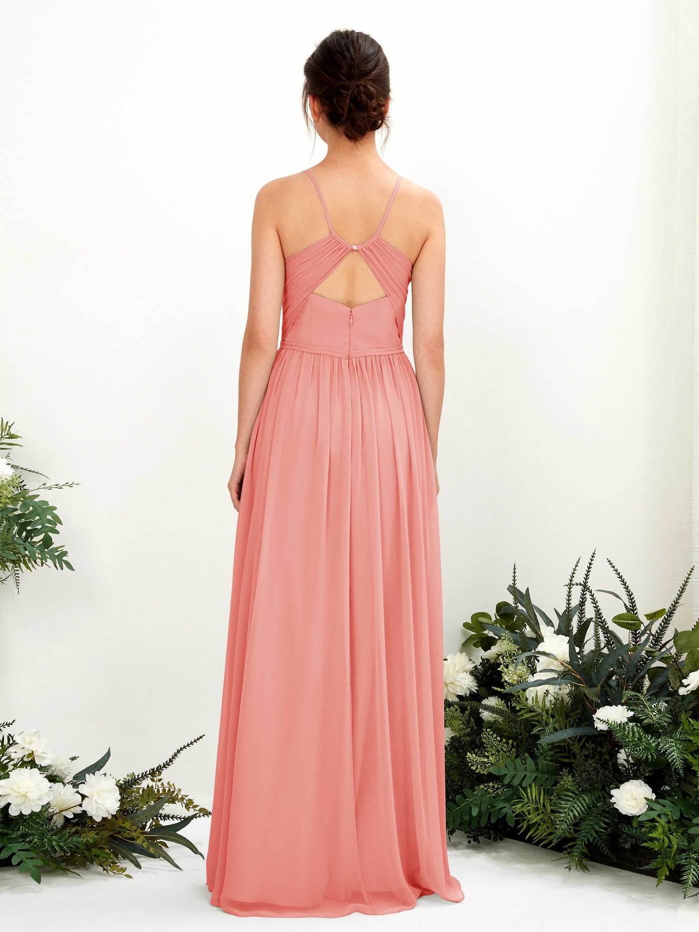 Carlyna Robe Trapèze Longueur ras du sol Col V Bretelles spaghetti Rose Pêche #couleur_rose-p-che