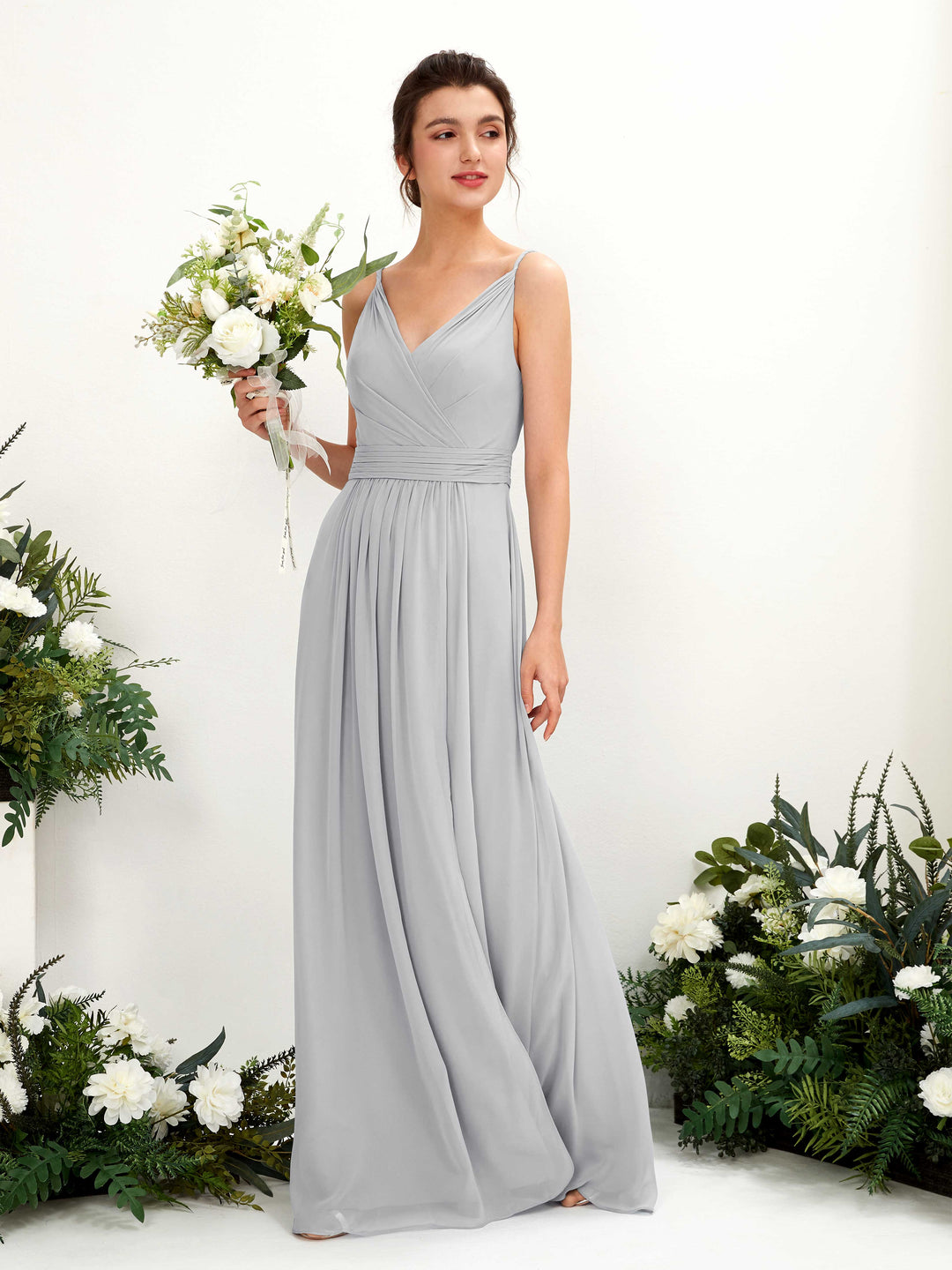 Carlyna Robe Trapèze Longueur ras du sol Col V Mousseline Argent 