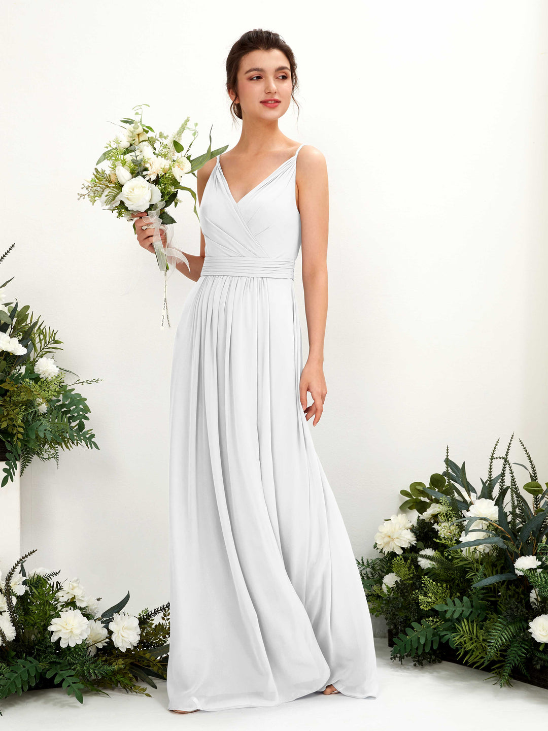 Carlyna Robe Trapèze Longueur ras du sol Col V Mousseline Blanc 