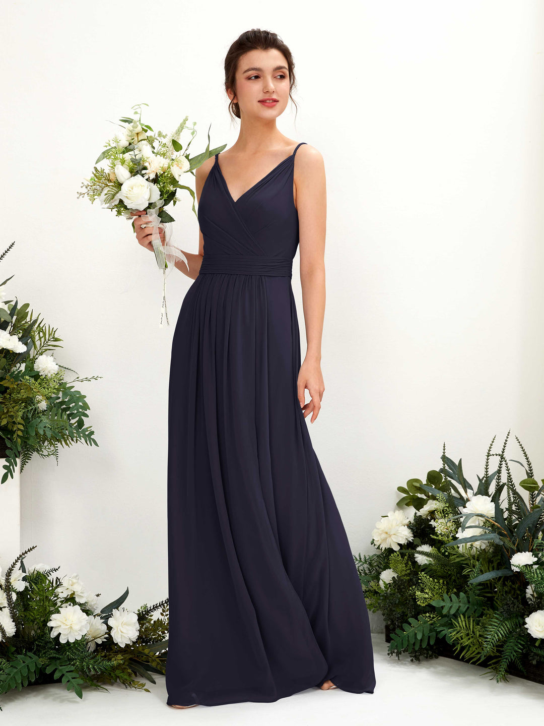 Carlyna Robe Trapèze Longueur ras du sol Col V Mousseline Bleu Marine Foncé 