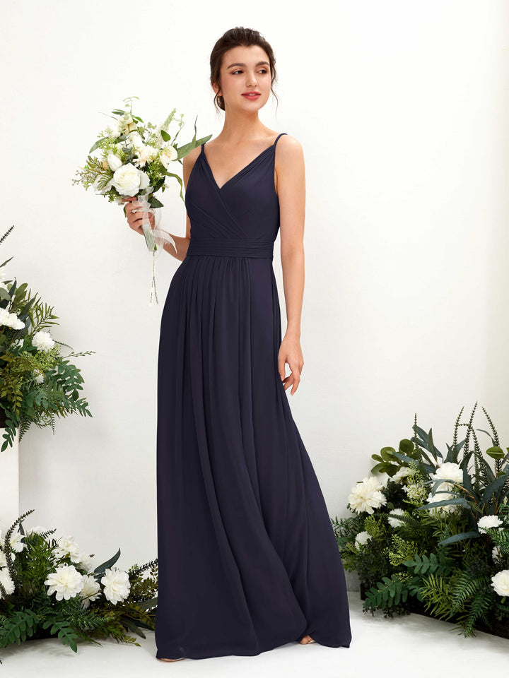 Carlyna Robe Trapèze Longueur ras du sol Col V Mousseline Bleu Marine Foncé 