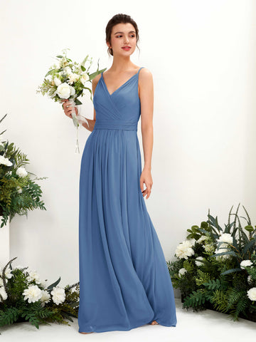 Carlyna Robe Trapèze Longueur ras du sol Col V Mousseline Bleu Poussiéreux #couleur_bleu-poussi-reux