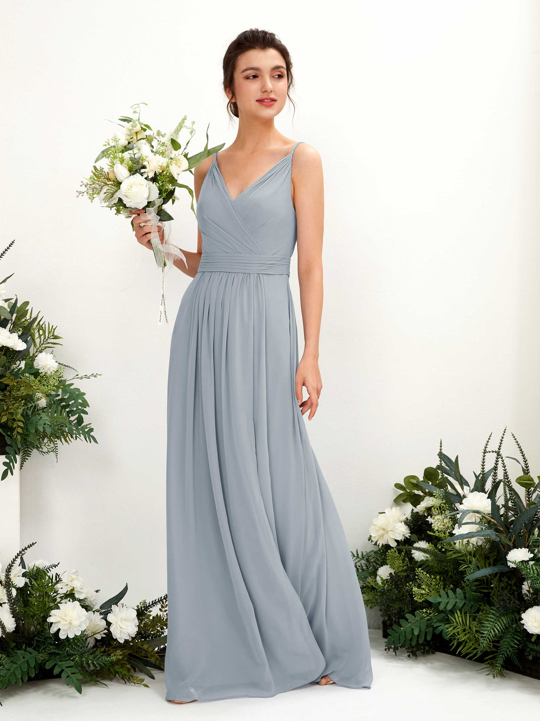 Carlyna Robe Trapèze Longueur ras du sol Col V Mousseline Bleu Poussiéreux Amélioré 