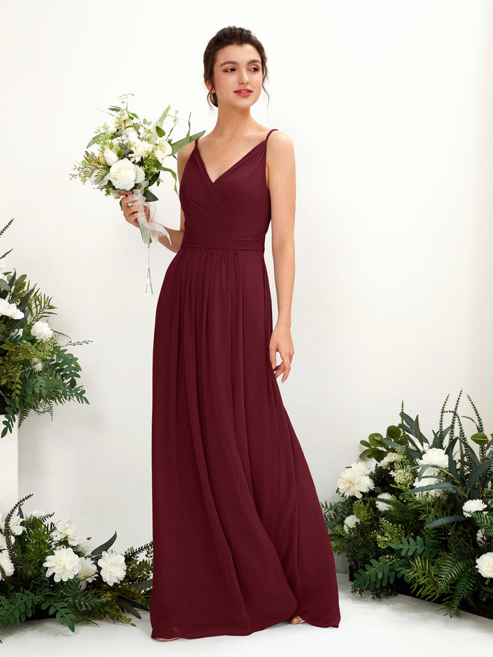 Carlyna Robe Trapèze Longueur ras du sol Col V Mousseline Bordeaux 
