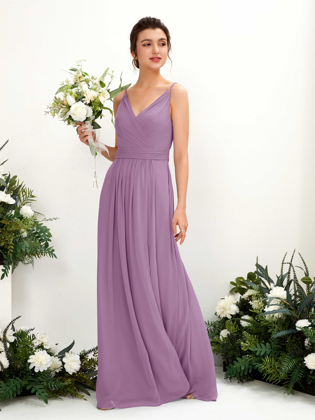 Carlyna Robe Trapèze Longueur ras du sol Col V Mousseline Brume Orchidée 