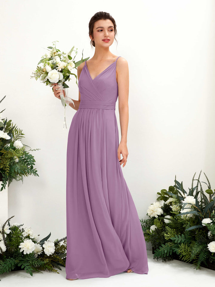 Carlyna Robe Trapèze Longueur ras du sol Col V Mousseline Brume Orchidée 