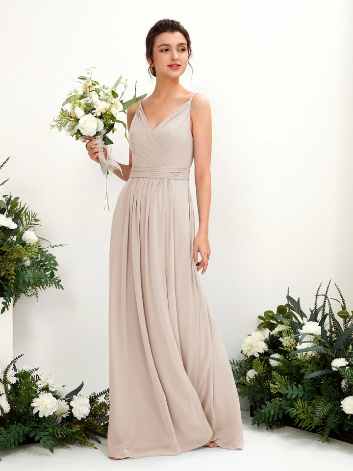 Carlyna Robe Trapèze Longueur ras du sol Col V Mousseline Champagne 