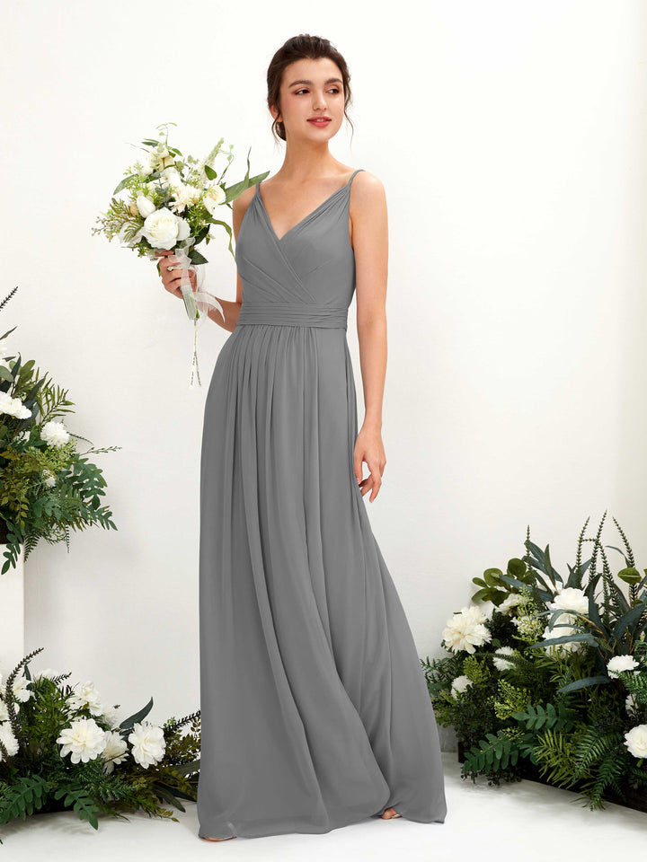 Carlyna Robe Trapèze Longueur ras du sol Col V Mousseline Gris Acier 