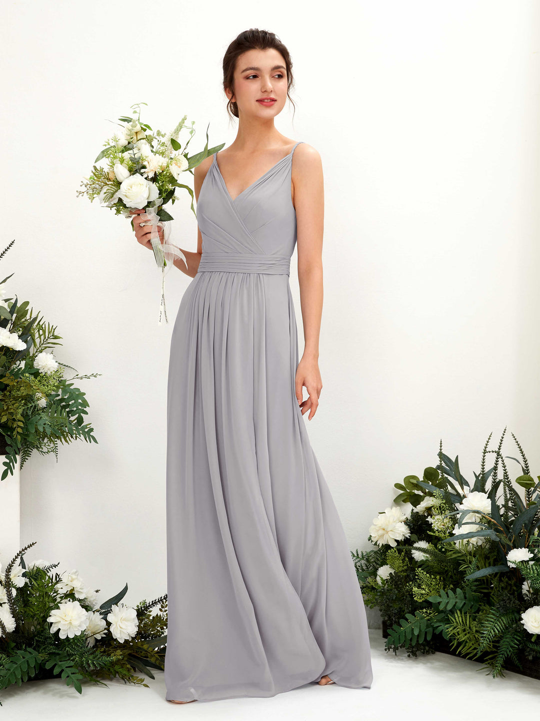 Carlyna Robe Trapèze Longueur ras du sol Col V Mousseline Gris Boussole 