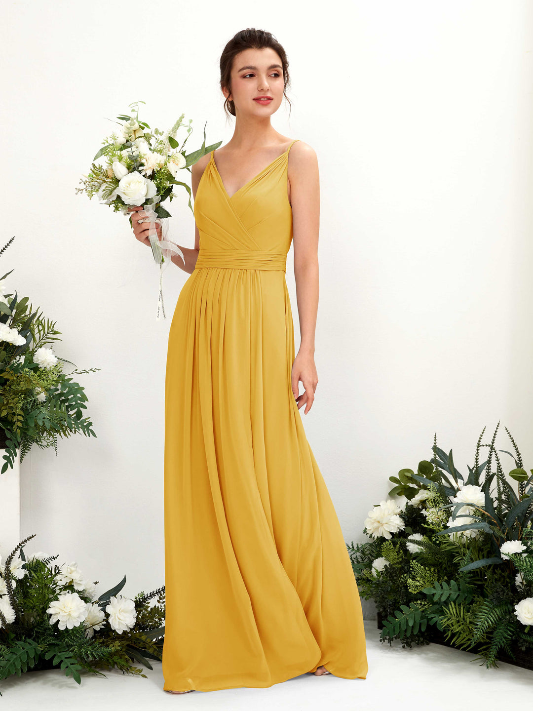 Carlyna Robe Trapèze Longueur ras du sol Col V Mousseline Jaune Moutard 