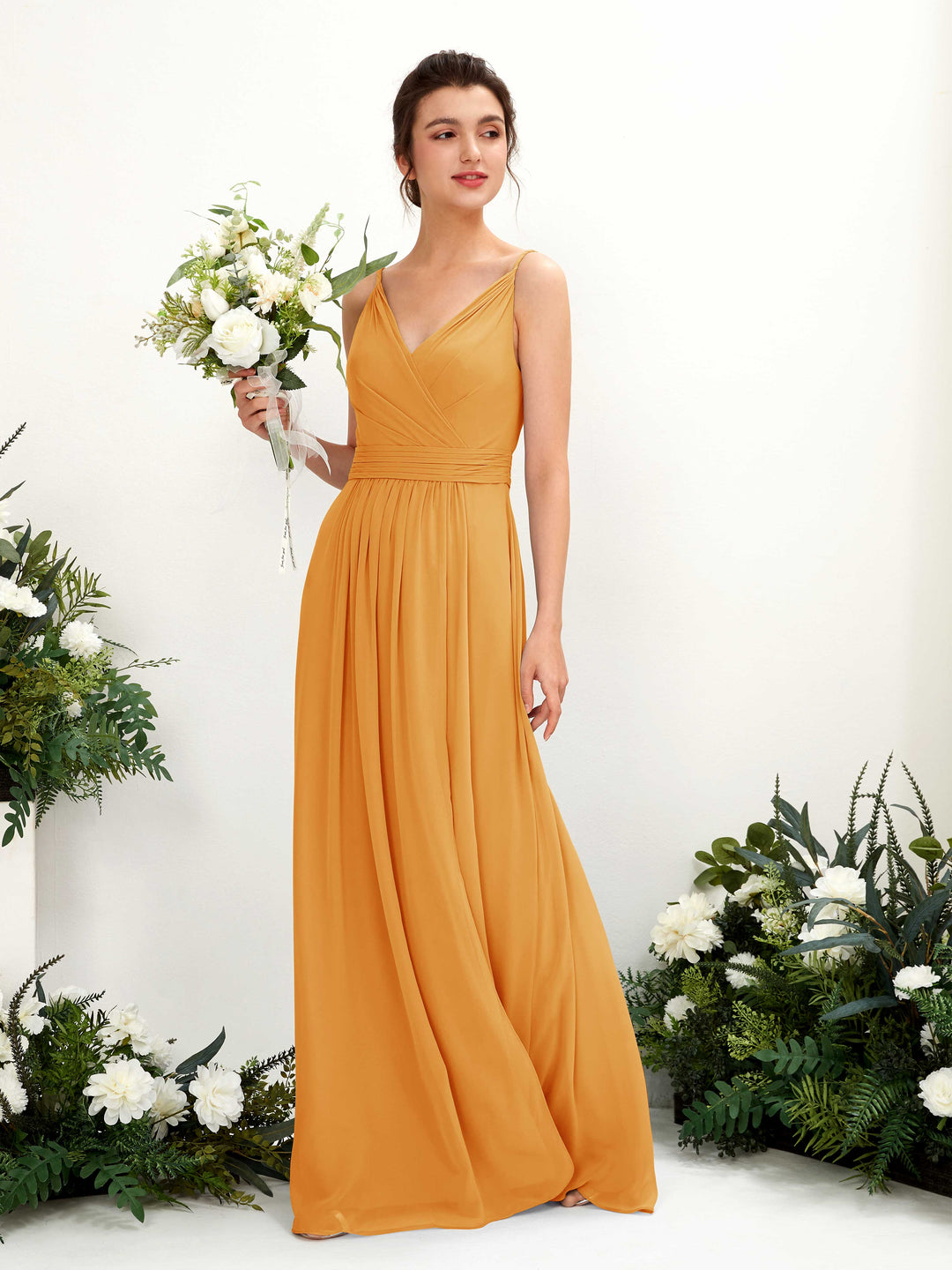 Carlyna Robe Trapèze Longueur ras du sol Col V Mousseline Mangue 