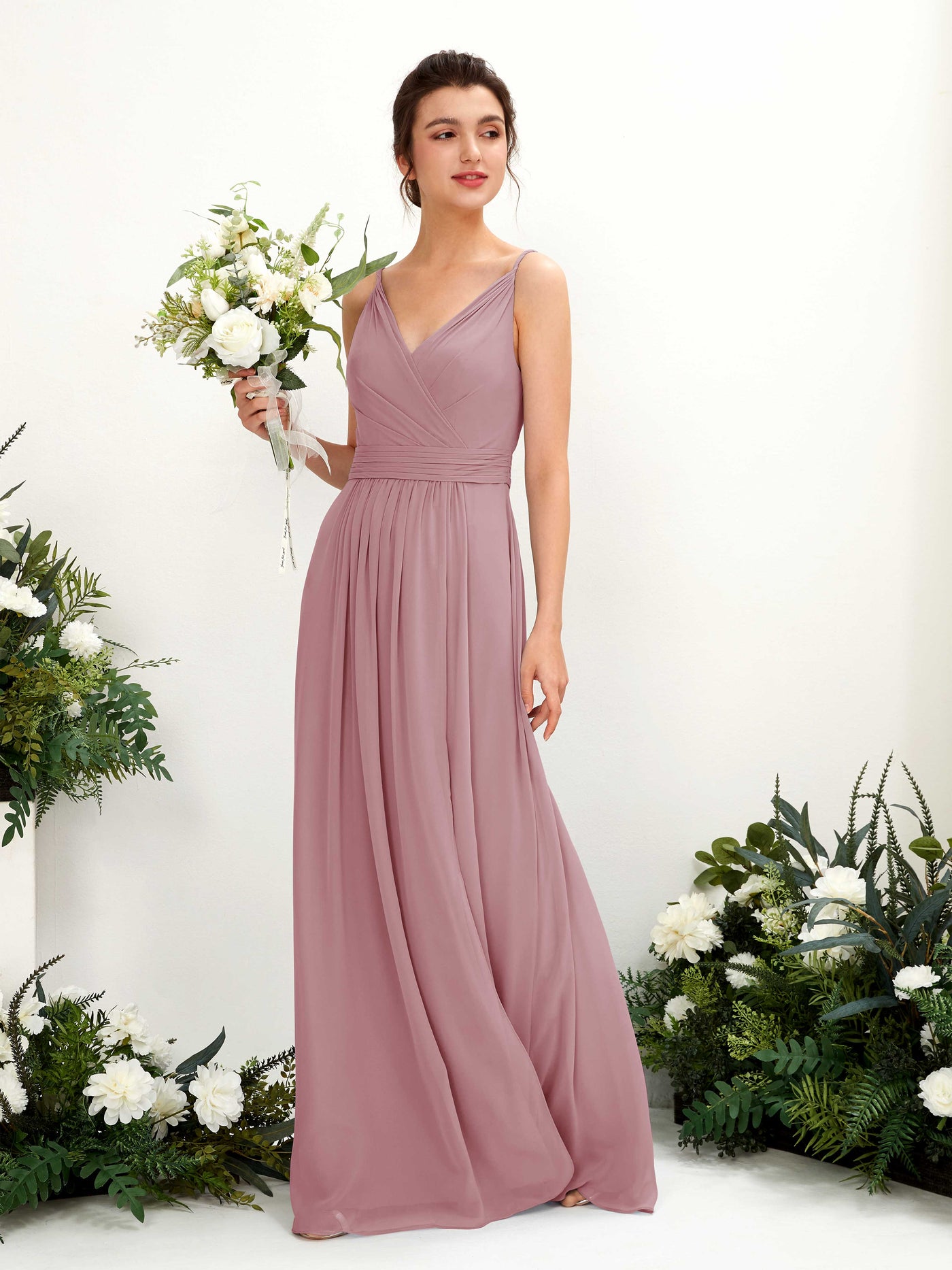 Carlyna Robe Trapèze Longueur ras du sol Col V Mousseline Mauve Vintage #couleur_mauve-vintage