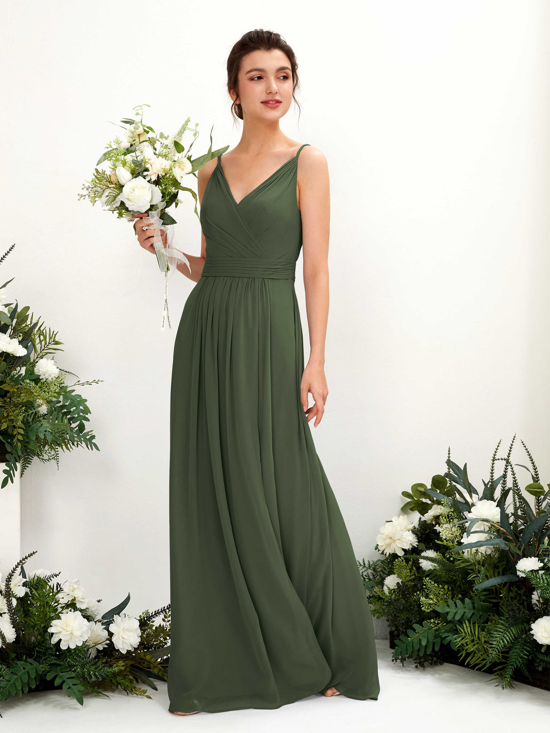 Carlyna Robe Trapèze Longueur ras du sol Col V Mousseline Olive Martini 