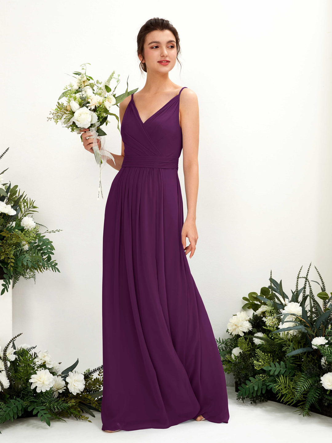 Carlyna Robe Trapèze Longueur ras du sol Col V Mousseline Pourpre 