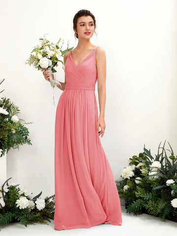 Carlyna Robe Trapèze Longueur ras du sol Col V Mousseline Rose Corail #couleur_rose-corail