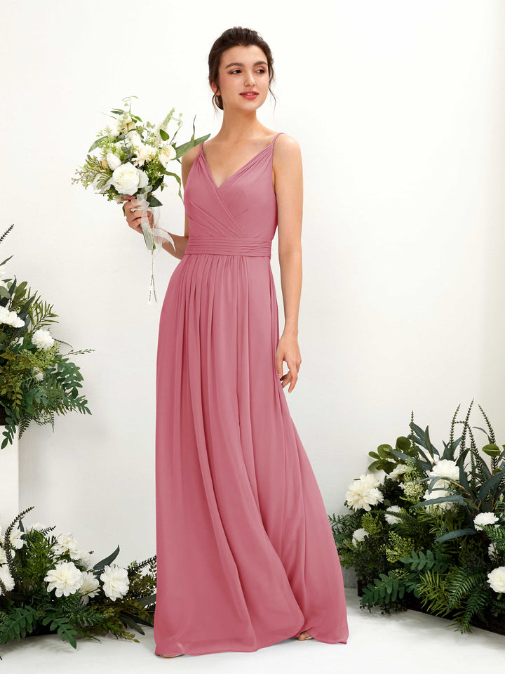 Carlyna Robe Trapèze Longueur ras du sol Col V Mousseline Rose Du Désert 