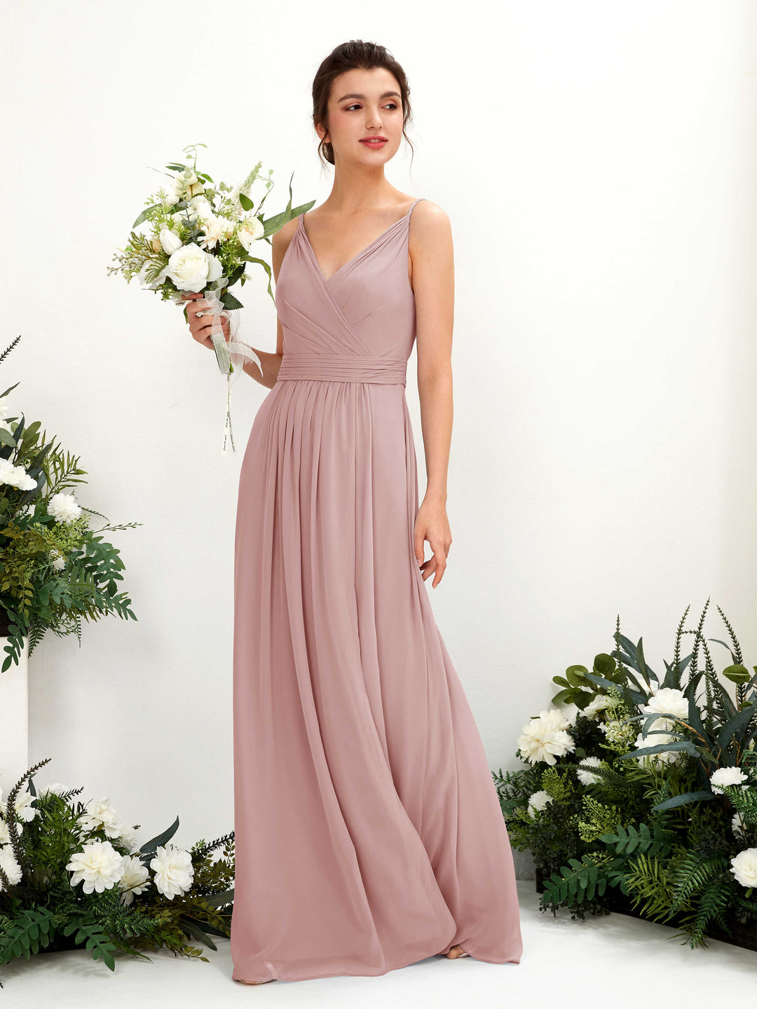 Carlyna Robe Trapèze Longueur ras du sol Col V Mousseline Rose Poussiéreux 