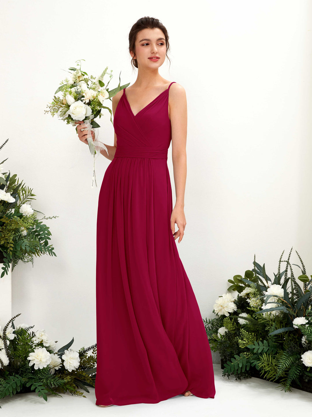 Carlyna Robe Trapèze Longueur ras du sol Col V Mousseline Rouge Bouffon 