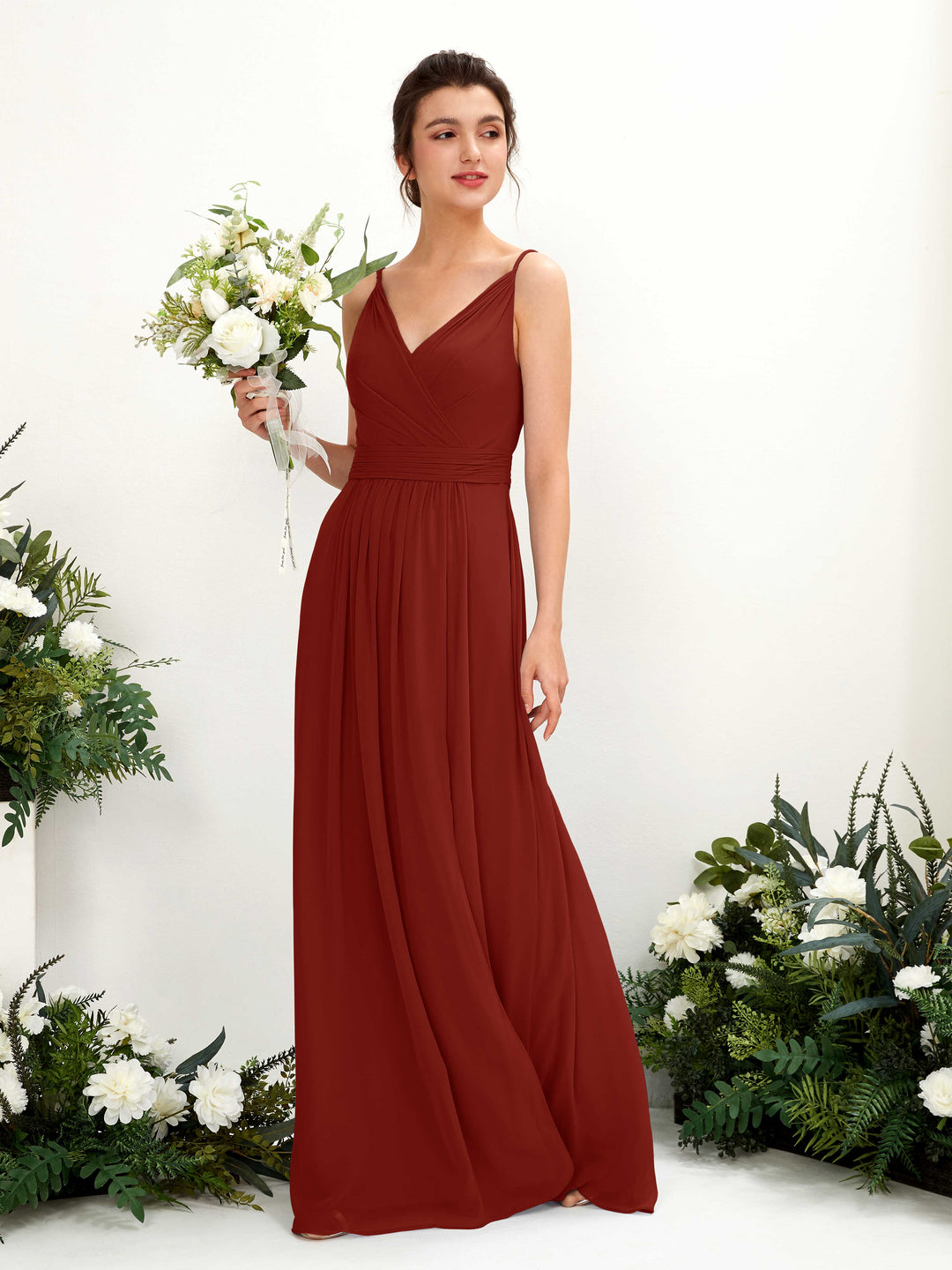 Carlyna Robe Trapèze Longueur ras du sol Col V Mousseline Rouille 