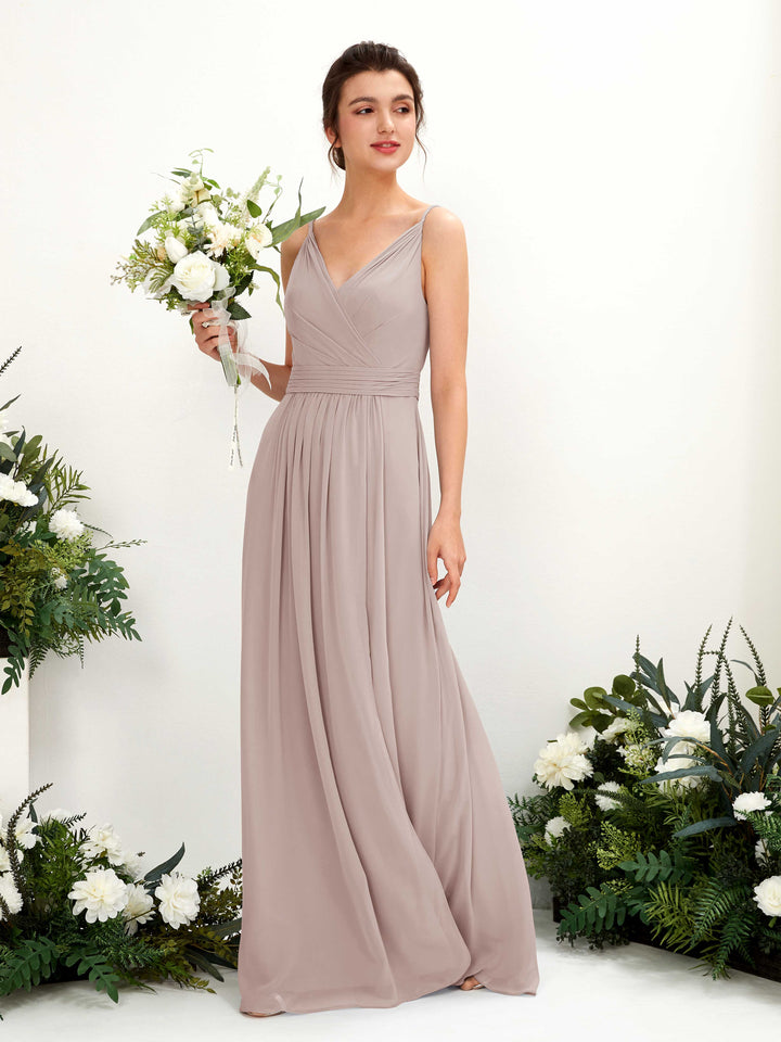 Carlyna Robe Trapèze Longueur ras du sol Col V Mousseline Taupe 