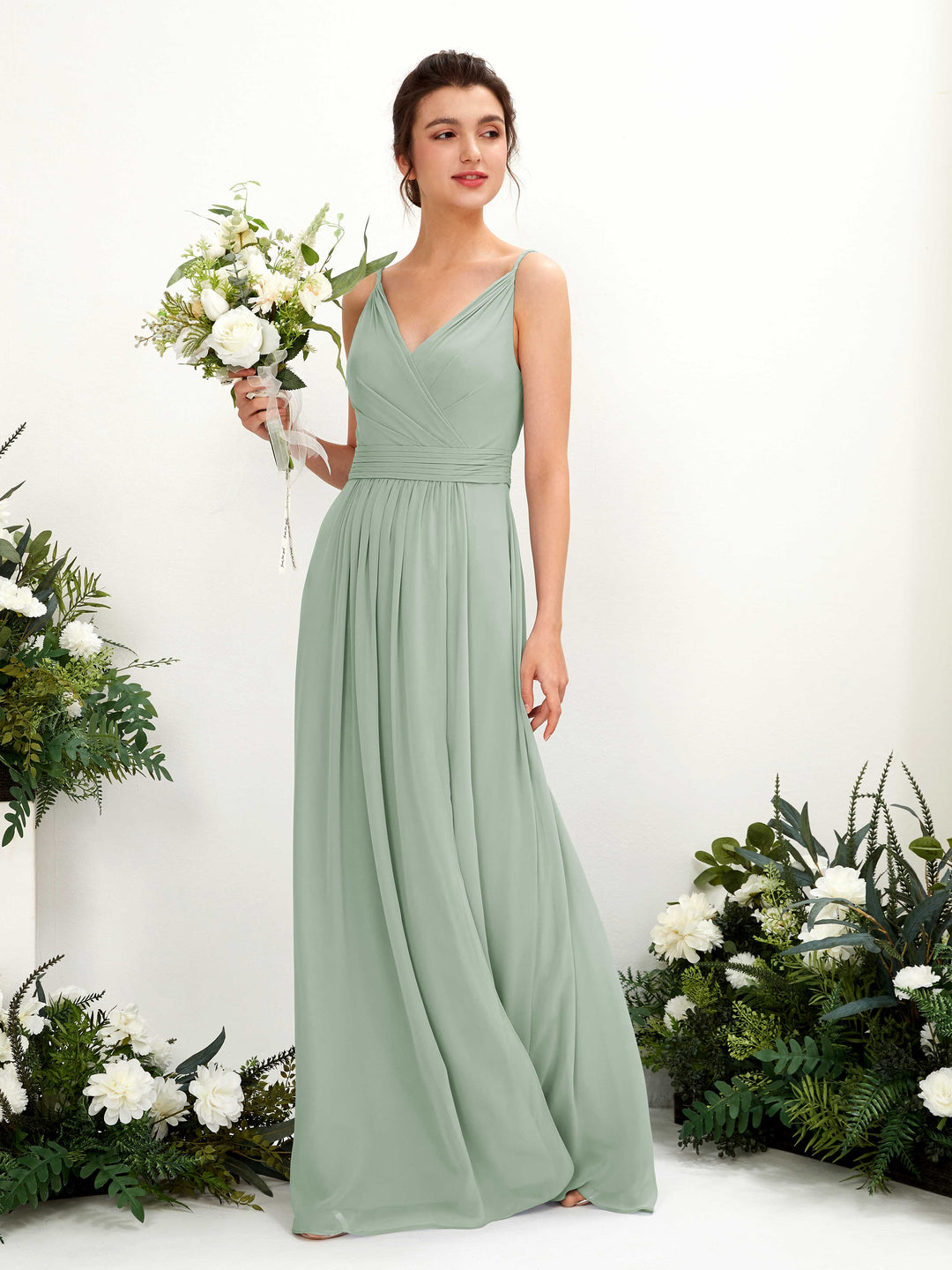 Carlyna Robe Trapèze Longueur ras du sol Col V Mousseline Vert Sauge Foncé 