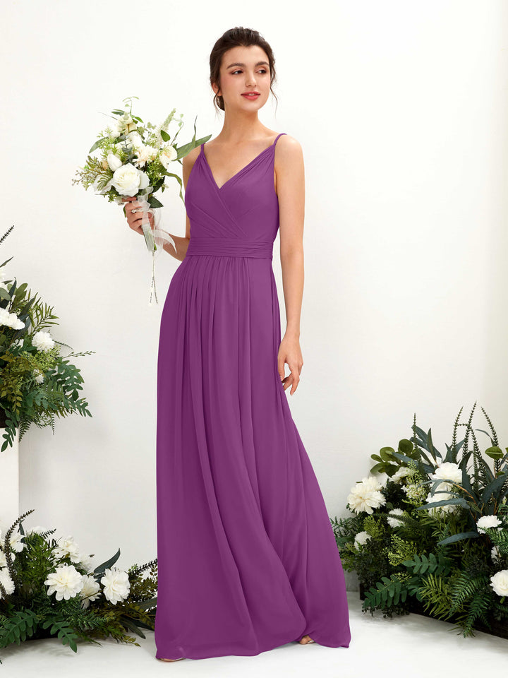 Carlyna Robe Trapèze Longueur ras du sol Col V Mousseline Violet 