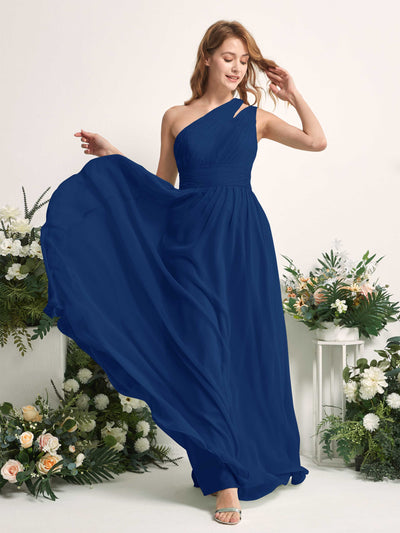Carlyna Robe Trapèze Longueur ras du sol Décolleté Asymétrique Mousseline Demoiselle d'honneur Bleu Roi #couleur_bleu-roi