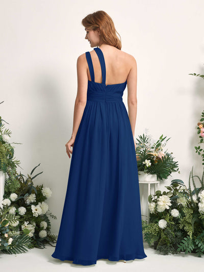 Carlyna Robe Trapèze Longueur ras du sol Décolleté Asymétrique Mousseline Demoiselle d'honneur Bleu Roi #couleur_bleu-roi
