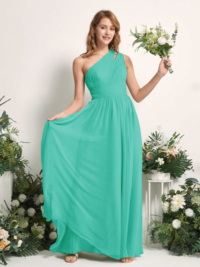 Carlyna Robe Trapèze Longueur ras du sol Décolleté Asymétrique Mousseline Demoiselle d'honneur Bleu Tiffany #couleur_bleu-tiffany