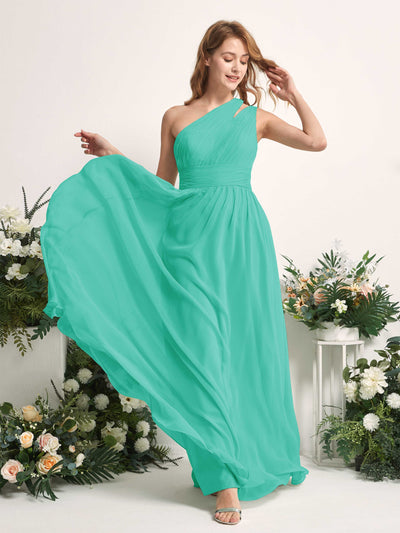 Carlyna Robe Trapèze Longueur ras du sol Décolleté Asymétrique Mousseline Demoiselle d'honneur Bleu Tiffany #couleur_bleu-tiffany