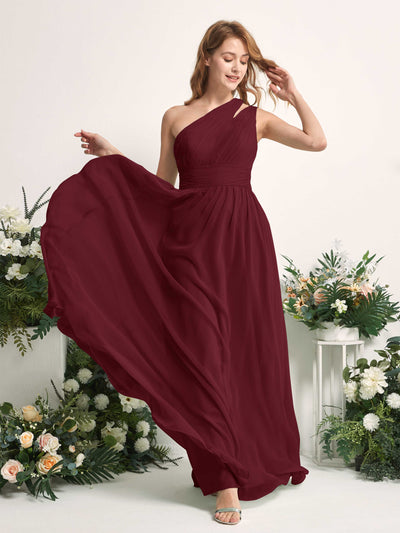 Carlyna Robe Trapèze Longueur ras du sol Décolleté Asymétrique Mousseline Demoiselle d'honneur Bordeaux #couleur_bordeaux