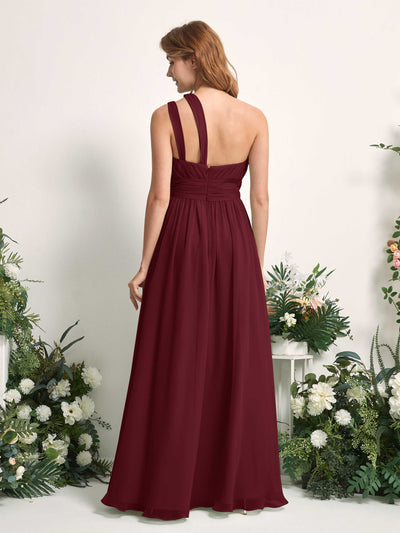 Carlyna Robe Trapèze Longueur ras du sol Décolleté Asymétrique Mousseline Demoiselle d'honneur Bordeaux #couleur_bordeaux