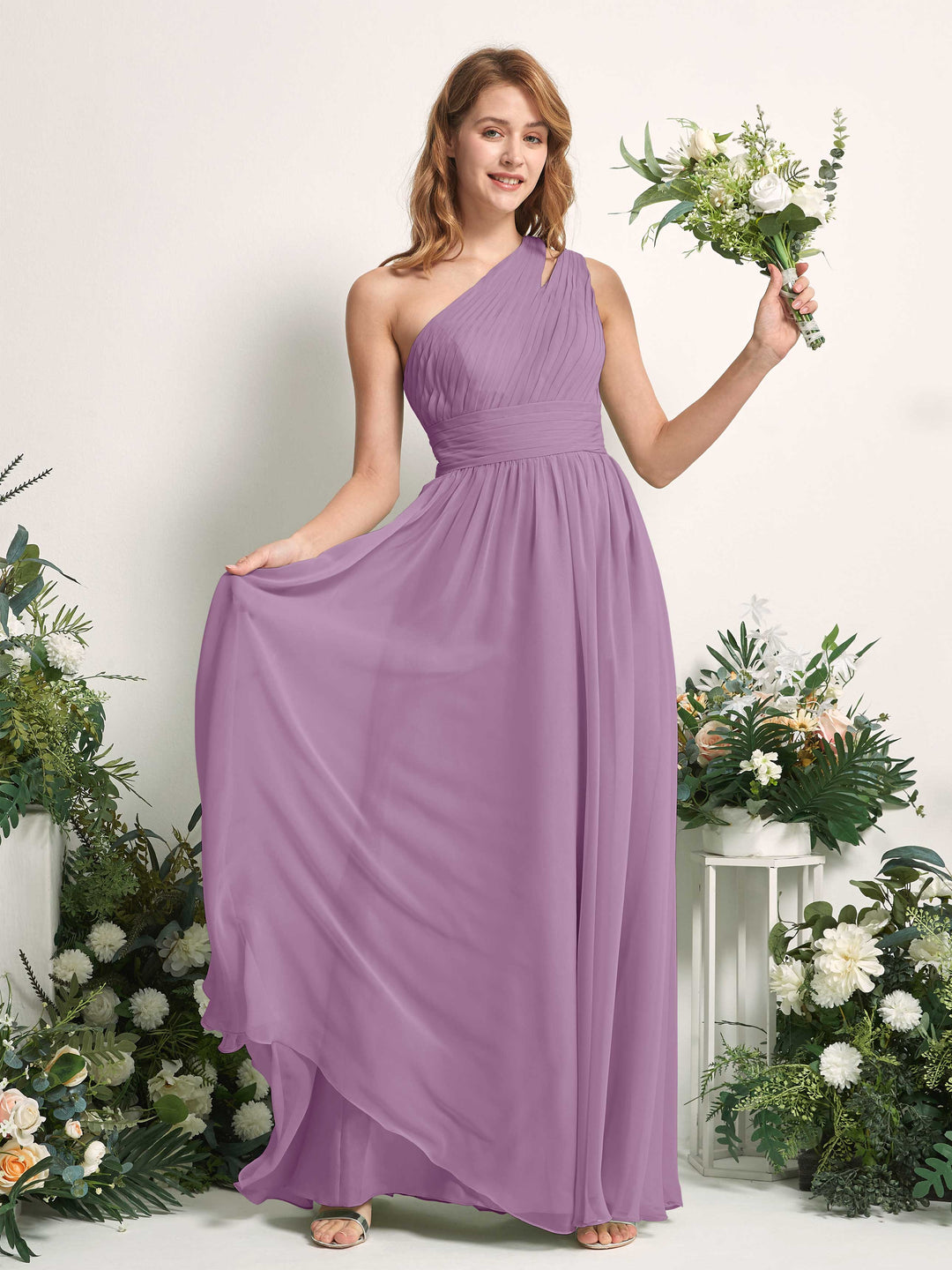 Carlyna Robe Trapèze Longueur ras du sol Décolleté Asymétrique Mousseline Demoiselle d&