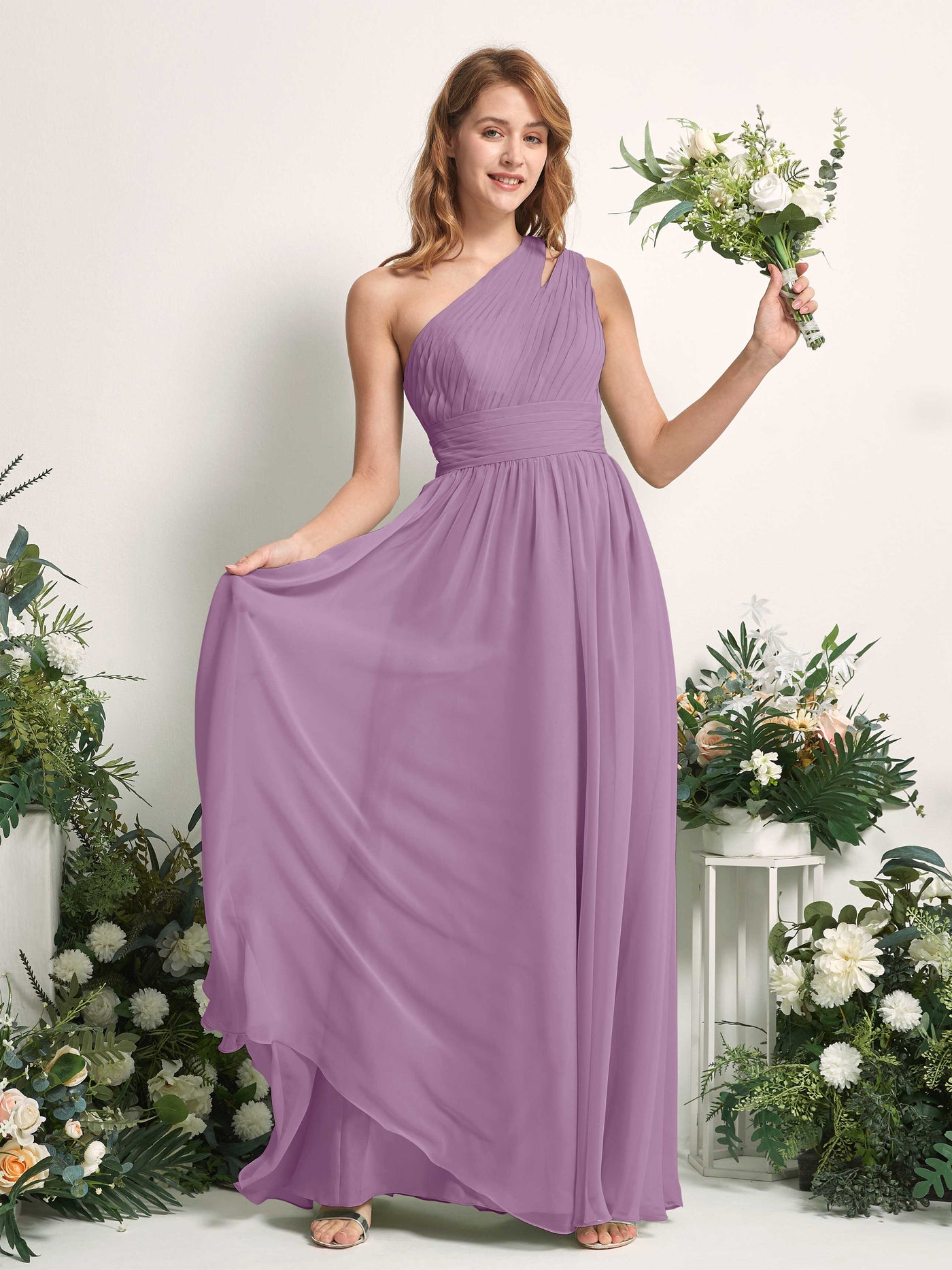 Carlyna Robe Trapèze Longueur ras du sol Décolleté Asymétrique Mousseline Demoiselle d'honneur Brume Orchidée #couleur_brume-orchid-e