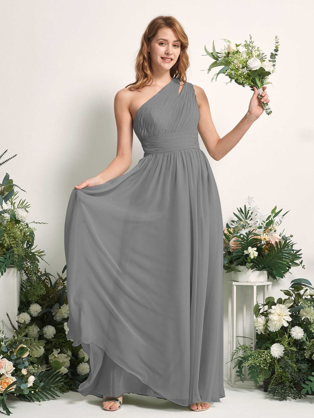 Carlyna Robe Trapèze Longueur ras du sol Décolleté Asymétrique Mousseline Demoiselle d&