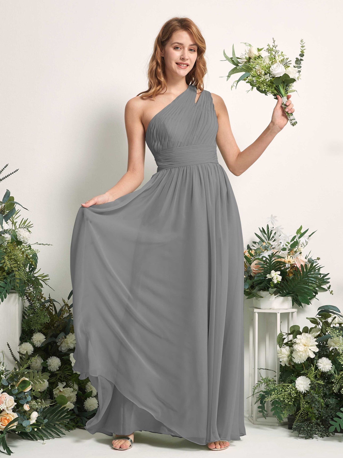 Carlyna Robe Trapèze Longueur ras du sol Décolleté Asymétrique Mousseline Demoiselle d'honneur Gris Acier #couleur_gris-acier