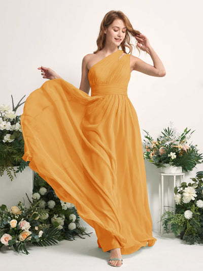 Carlyna Robe Trapèze Longueur ras du sol Décolleté Asymétrique Mousseline Demoiselle d'honneur Mangue #couleur_mangue