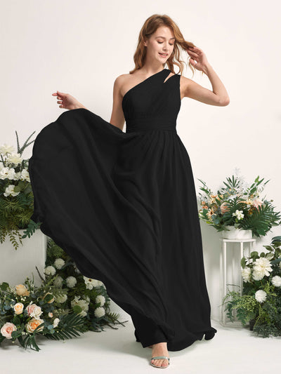 Carlyna Robe Trapèze Longueur ras du sol Décolleté Asymétrique Mousseline Demoiselle d'honneur Noir #couleur_noir