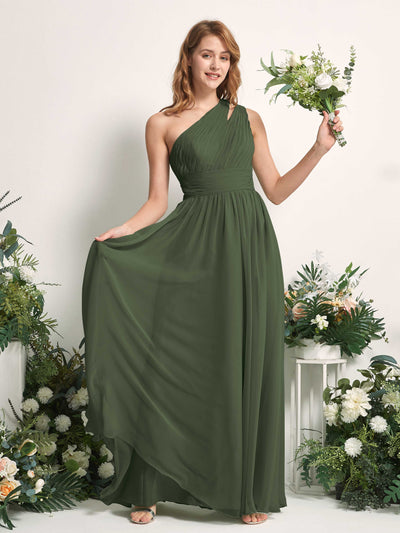 Carlyna Robe Trapèze Longueur ras du sol Décolleté Asymétrique Mousseline Demoiselle d'honneur Olive Martini #couleur_olive-martini