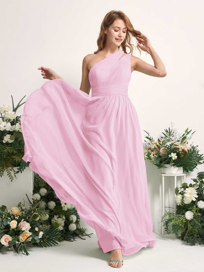 Carlyna Robe Trapèze Longueur ras du sol Décolleté Asymétrique Mousseline Demoiselle d'honneur Rose Bonbon #couleur_rose-bonbon