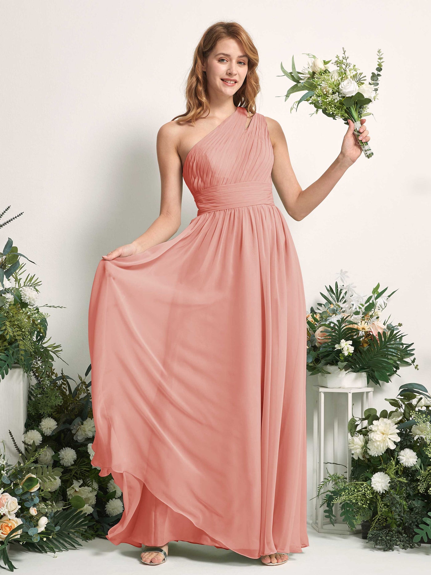 Carlyna Robe Trapèze Longueur ras du sol Décolleté Asymétrique Mousseline Demoiselle d'honneur Rose Champagne #couleur_rose-champagne