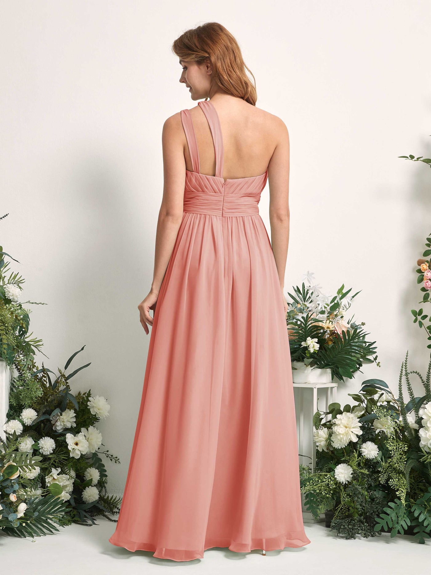 Carlyna Robe Trapèze Longueur ras du sol Décolleté Asymétrique Mousseline Demoiselle d'honneur Rose Champagne #couleur_rose-champagne