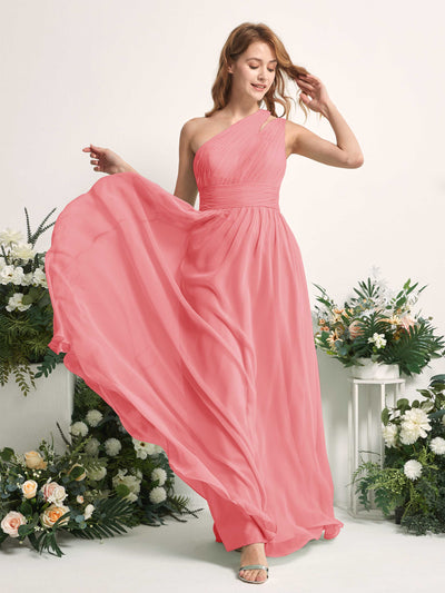 Carlyna Robe Trapèze Longueur ras du sol Décolleté Asymétrique Mousseline Demoiselle d'honneur Rose Corail #couleur_rose-corail